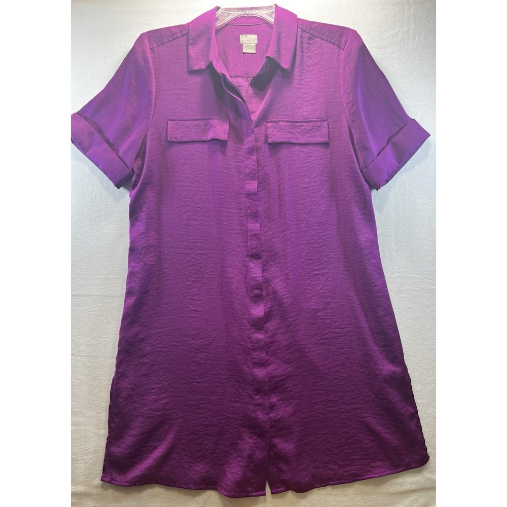 Chico's Womens Short Sleeve Satin Purple Button Up Casual Tunic 3 US Size 8/10